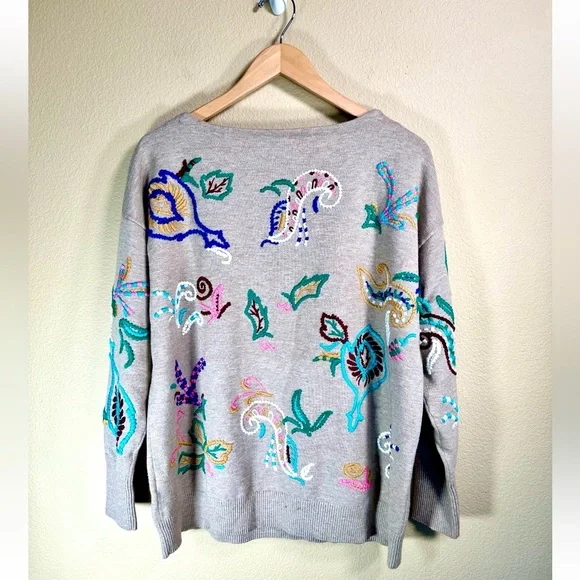 Anthropologie Embroidered Pullover Sweater in Neutral Motif - Picture 6 of 12